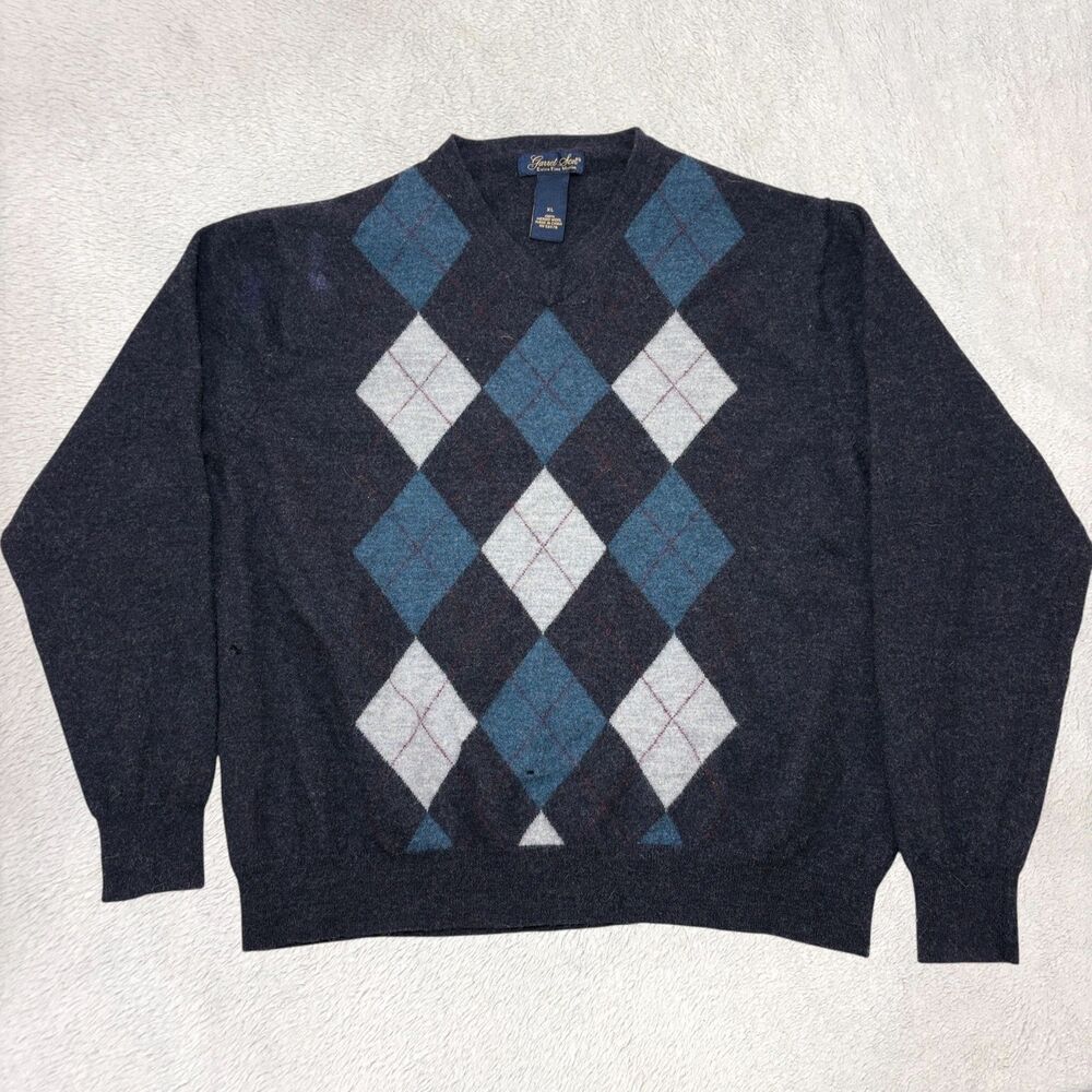 Garret Scott Sweater Mens M Black Geometric V Neck Merino Wool Casual Preppy